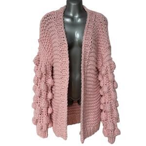 chicwish Cardigan Light Pink Chunky Knit Pom Pom Sweater Open Women's Size Small